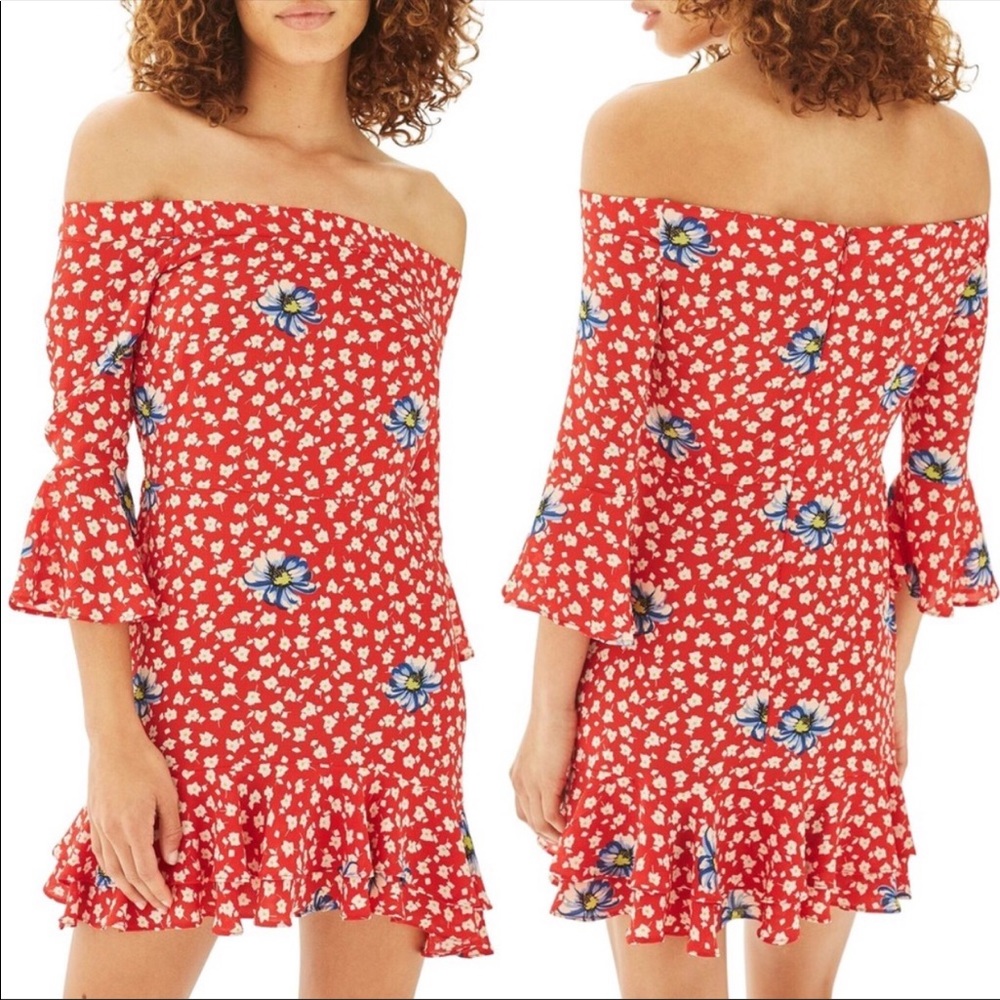 Topshop Bardot Red Off Shoulder Floral Ruffle Dress 6